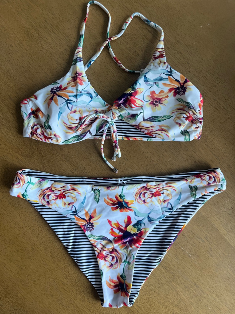 Cupshe Floral & Striped Reversible Multicolor Bikini Set